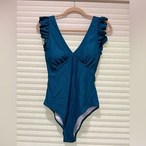 Women’s Ruffled Shoulder One-Piece Swimsuit in Teal